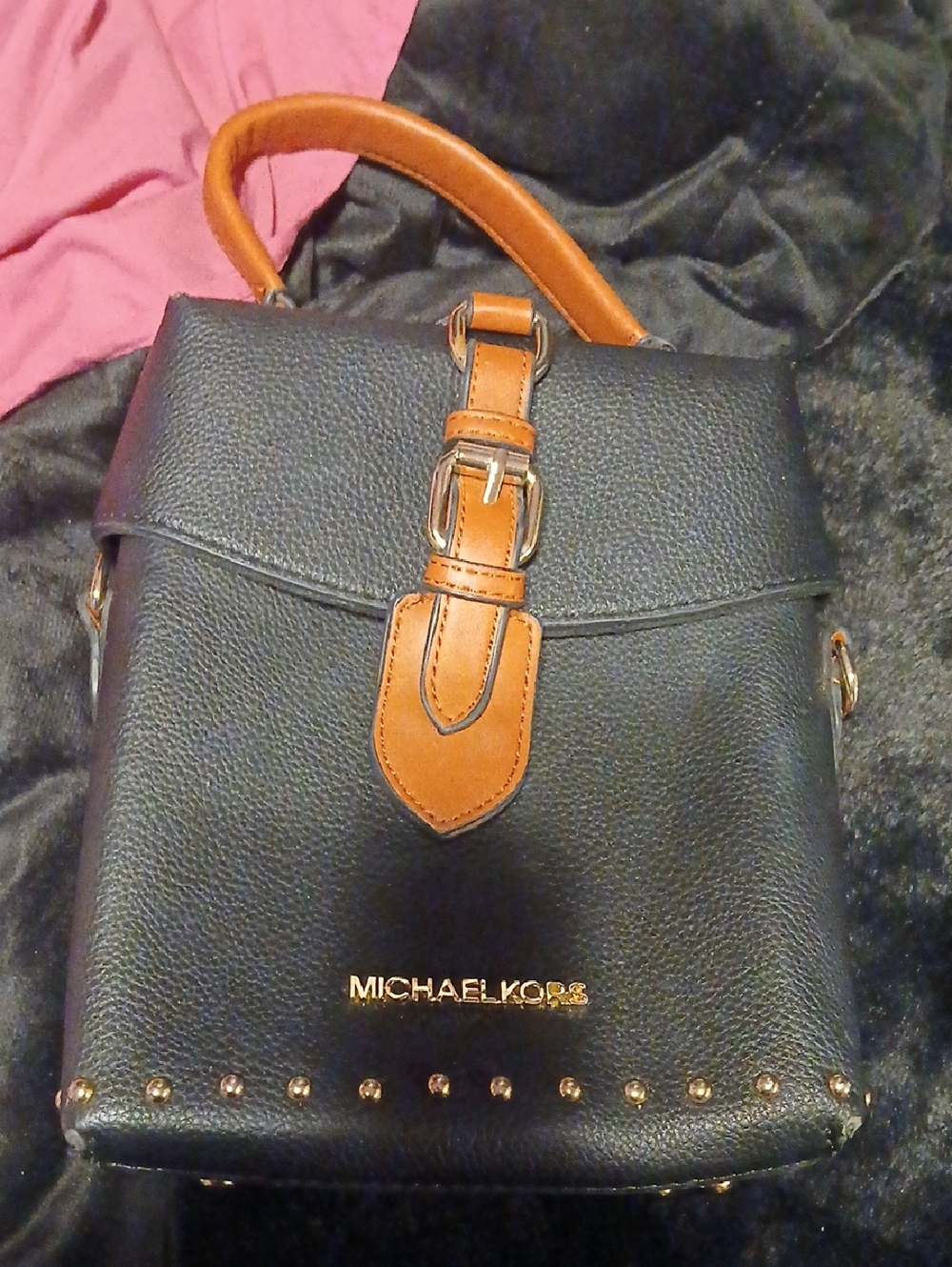 Michael Kors Black and Tan Satchel with Gold Studs